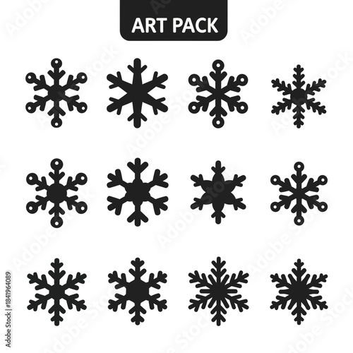 Collection of black silhouette snowflakes with diverse intricate patterns for winter design winter