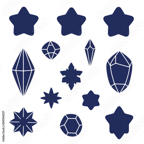 Collection of various geometric gemstone shapes and star-like figures in dark blue color for