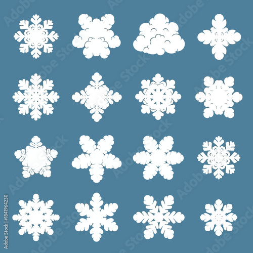 Collection of Various White Snowflakes with Intricate Patterns on a Blue Background
