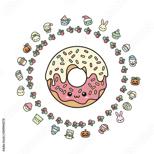 Cute and Colorful Cartoon Donut with Various Small Food and Animal Characters Flourishing Around It