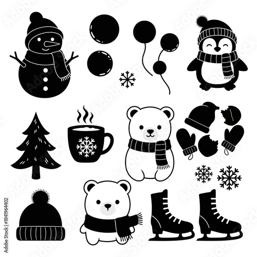 Festive winter scene featuring snowmen, bears, winter accessories, and holiday decorations in