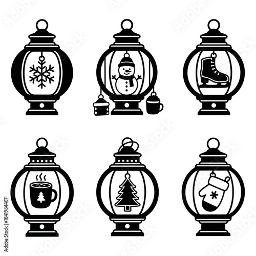 Festive holiday lanterns display with snowflake snowman Christmas tree and winter accessories in
