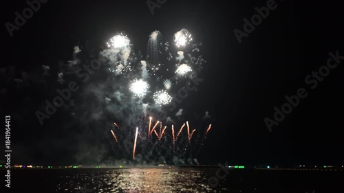 A magnificent fireworks display erupts across the night sky, Perfect for themes of celebration, New Year's Eve, New Year countdown