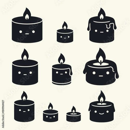 Minimalist Black and White Illustration of Various Candles with Cute Faces and Different Shapes