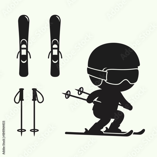 Minimalist Illustration of Skiing Equipment and a Child Skiing in Black and White