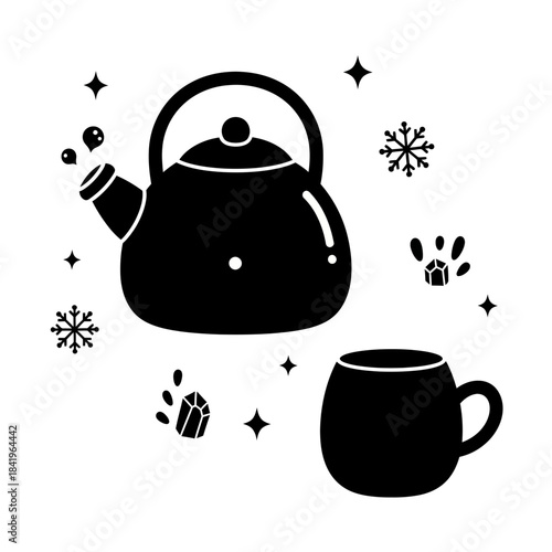 Minimalist Black and White Christmas Tea Kettle with Festive Decorations and Mug