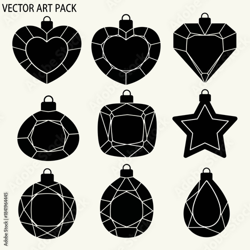set of black and white vector christmas ornament shapes with different geometrical designs and a
