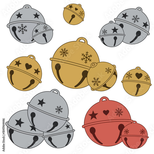 Set of colorful Christmas jingle bells with snowflake and star designs for holiday decoration and