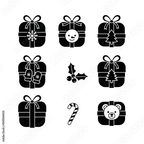 Set of black and white Christmas gift icons with holiday symbols and candy cane