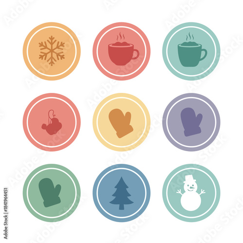 Set of cozy winter and holiday-themed icons including mugs, snowman, mitten, and pine tree in