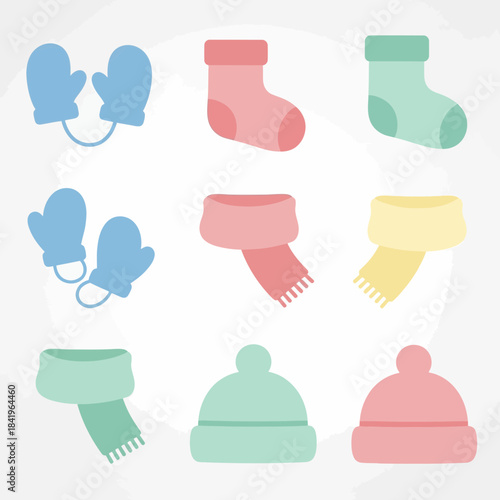Set of cozy winter accessories including mittens socks scarves and hats for cold weather