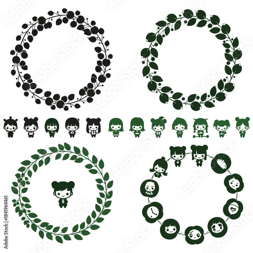 Set of four stylized circular wreaths and cute cartoon children illustrations for design projects