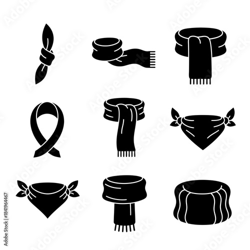 Set of nine black and white icons representing different face masks and protective accessories for