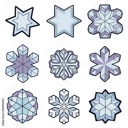 Set of nine intricate and detailed snowflake illustrations showcasing various geometric patterns