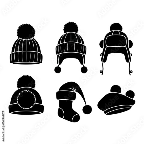 Set of six black silhouette icons depicting winter accessories and travel gear including hats
