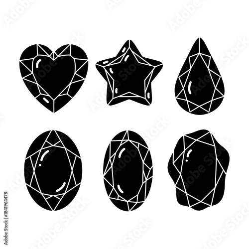 Set of six geometric gemstone illustrations featuring various shapes and cuts in black and white