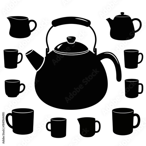 Silhouette of a traditional teapot surrounded by a variety of cups and mugs in black and white style