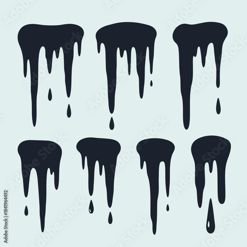 Stylized Set of Melting Dripping Paint or Ink Drops in Dark Blue with Variation in Shape and Size