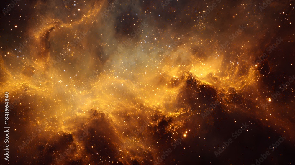 Fototapeta premium Brilliant golden clouds illuminate a dense field of distant stellar bodies across the cosmos