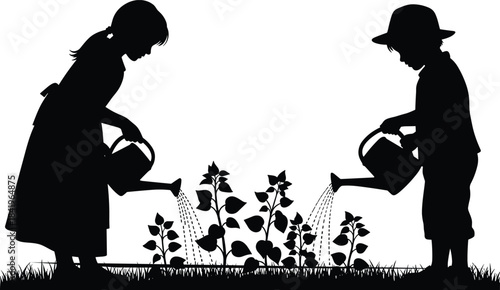 Two little children silhouettes watering small plants in the garden, kids happily working together on a farming and horticultural spring outdoor activity, natural black and white vector illustration.