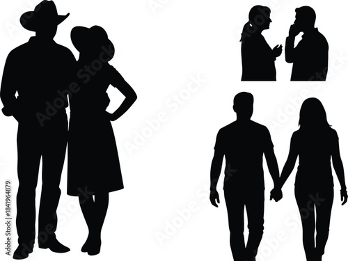 Various Couples and People Silhouettes Interacting, Representing Friendship, Romance, Communication, Relationship, and Western Style, Isolated Black and White Vector Set.