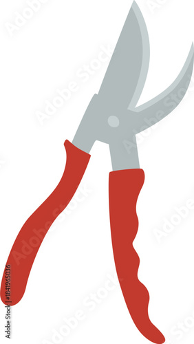 Simple vector illustration of red and grey pruning shears, a common gardening tool for cutting branches and plants