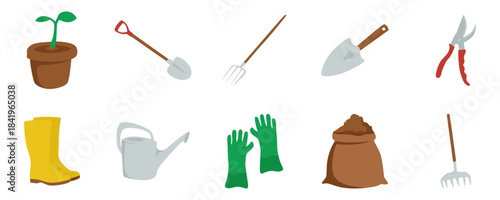 Set of Essential Gardening Tools and Supplies with Potted Plant, Shovel, Trowel, Rake, Watering Can, Gloves, Boots, and Soil Bag
