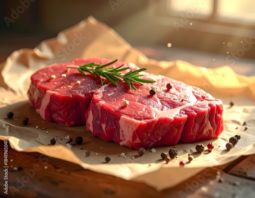 Fresh Raw Beef Steaks with Herbs and Spices