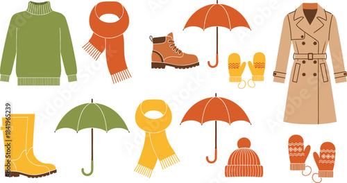  Essential Autumn and Winter Weather Clothing Vector Illustration Set, Featuring Cozy Sweaters, Trench Coats, Mittens, Scarves, Rain Boots, and Umbrellas for Cold and Rainy Seasons.
