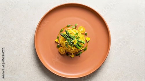 Gourmet Pasta Dish Plated on Clay Plate Minimalist View