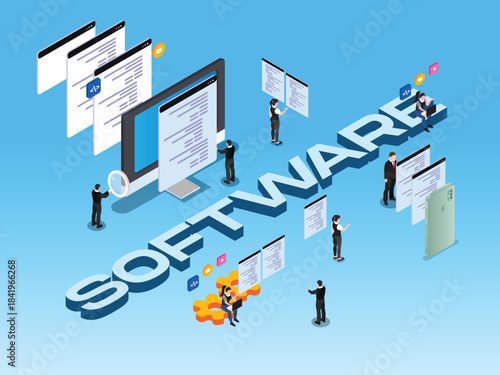 Collaborative Software Development, Programming, and Coding Team 3d vector illustration