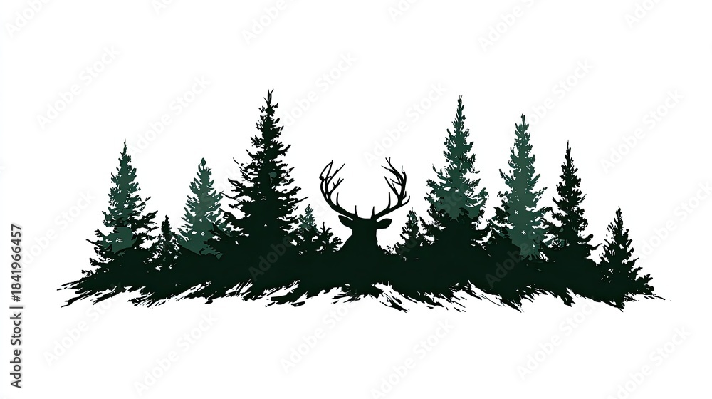 Obraz premium Silhouette of a majestic stag head centered behind a dense row of evergreen trees