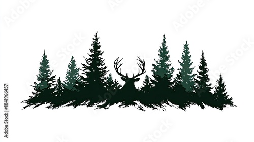 Silhouette of a majestic stag head centered behind a dense row of evergreen trees