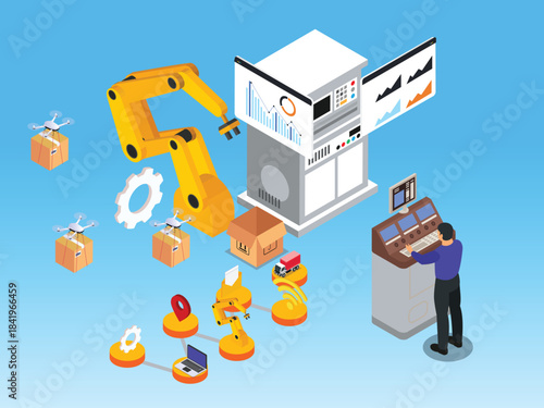Industrial Automation, Robotic Logistics, and Smart Factory Control 3d vector illustration