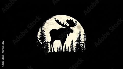 Silhouette of a large antlered ungulate standing before a textured full moon and evergreen forest