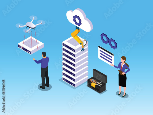 Advanced Server Maintenance, Cloud Service, and Drone Delivery Technology 3d vector illustration