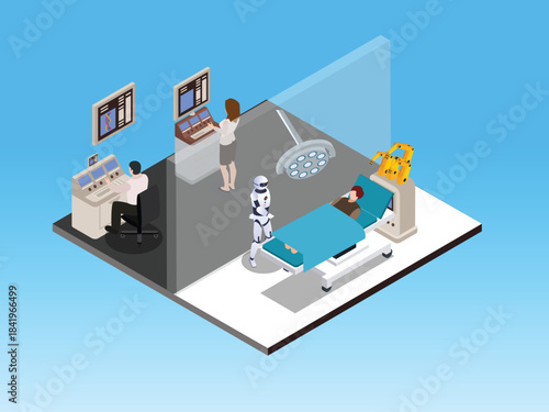 Robotic Surgery, AI-Powered Medical Procedure, and Future Healthcare 3d vector illustration