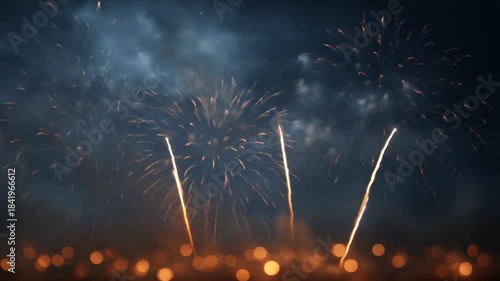 Exploding fireworks illuminate night, distant bokeh light below. Golden light trails