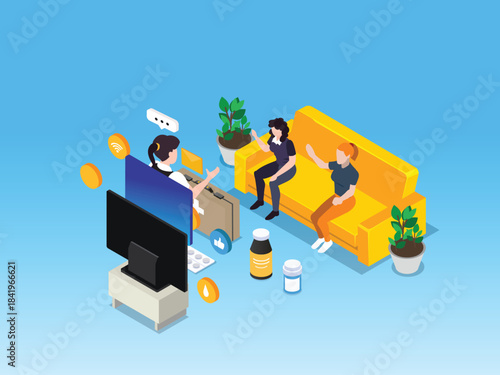 Home Entertainment, Digital Media Consumption, and Social Feedback 3d vector illustration