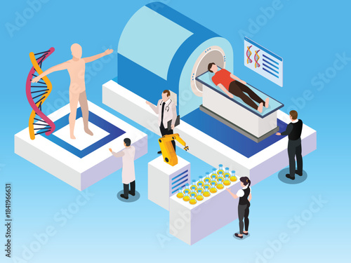 Genetic Research, Medical Diagnostics, and Drug Development Laboratory 3d vector illustration