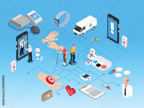 Digital Elderly Care, Emergency Response, and Remote Health Monitoring Network 3d vector illustration