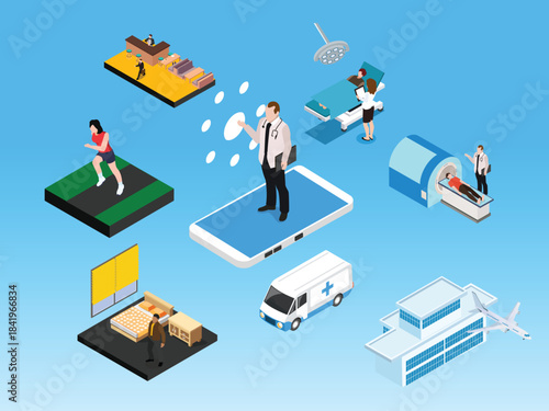 Global Telemedicine Network, Digital Healthcare Ecosystem, and Services 3d vector illustration