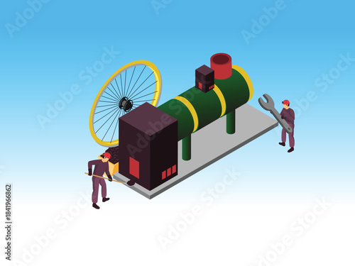 Industrial Machine Maintenance, Repair, and Manufacturing Engineering 3d vector illustration