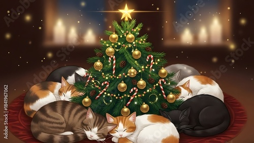 Cats sleeping around a Christmas tree