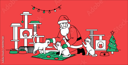 Santa Claus petting cute Christmas cats in a festive red background illustration for holiday pet adoption, feline Christmas celebration, animal welfare blogs, and seasonal marketing.