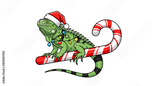 Cartoon Green Iguana with Santa Hat and Christmas Lights on Candy Cane for Holiday Cards, Festive Decorations, Exotic Pet Gifts, and Unique Xmas Designs