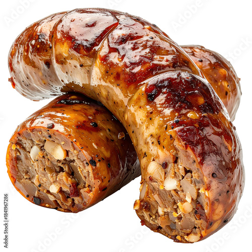 A single link of savory cajun boudin sausage, showcasing its textured casing and hearty filling, professionally isolated on a pristine white background