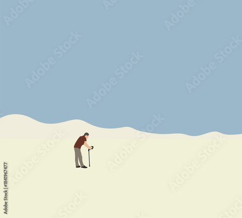 Elderly man use walking cane walk on mountain snow under blue sky. Retirement outdoor adventure activity. 