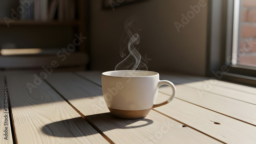A cozy cup of steaming hot beverage on a wooden table bathed in warm sunlight