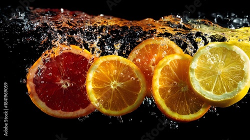 Slices of citrus fruits immerse into dark liquid creating dynamic splashes